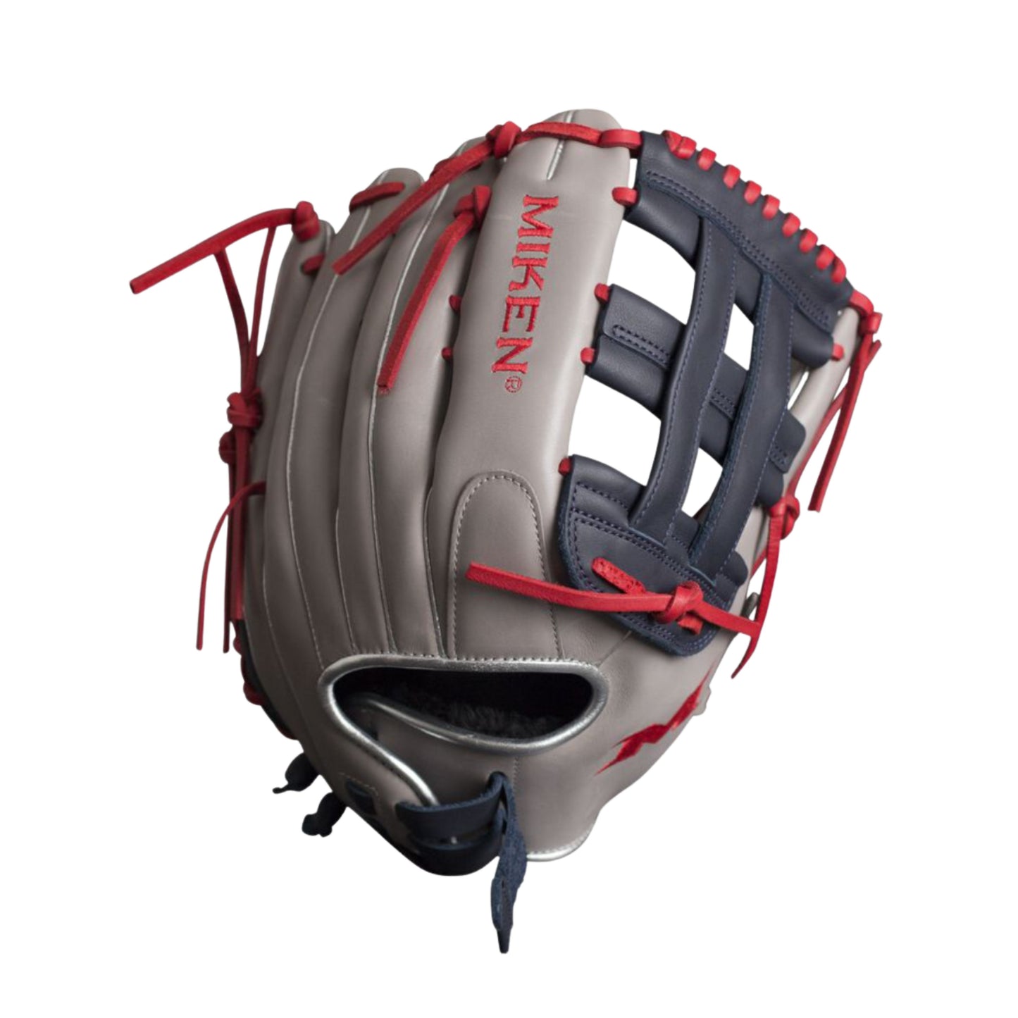 A photo of the Miken Player Series 14" Slo-Pitch Glove (2026) in colour black and grey, with red lace.
