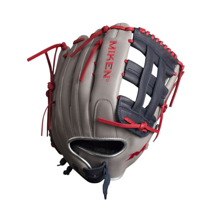 A photo of the Miken Player Series 14" Slo-Pitch Glove (2026) in colour black and grey, with red lace.