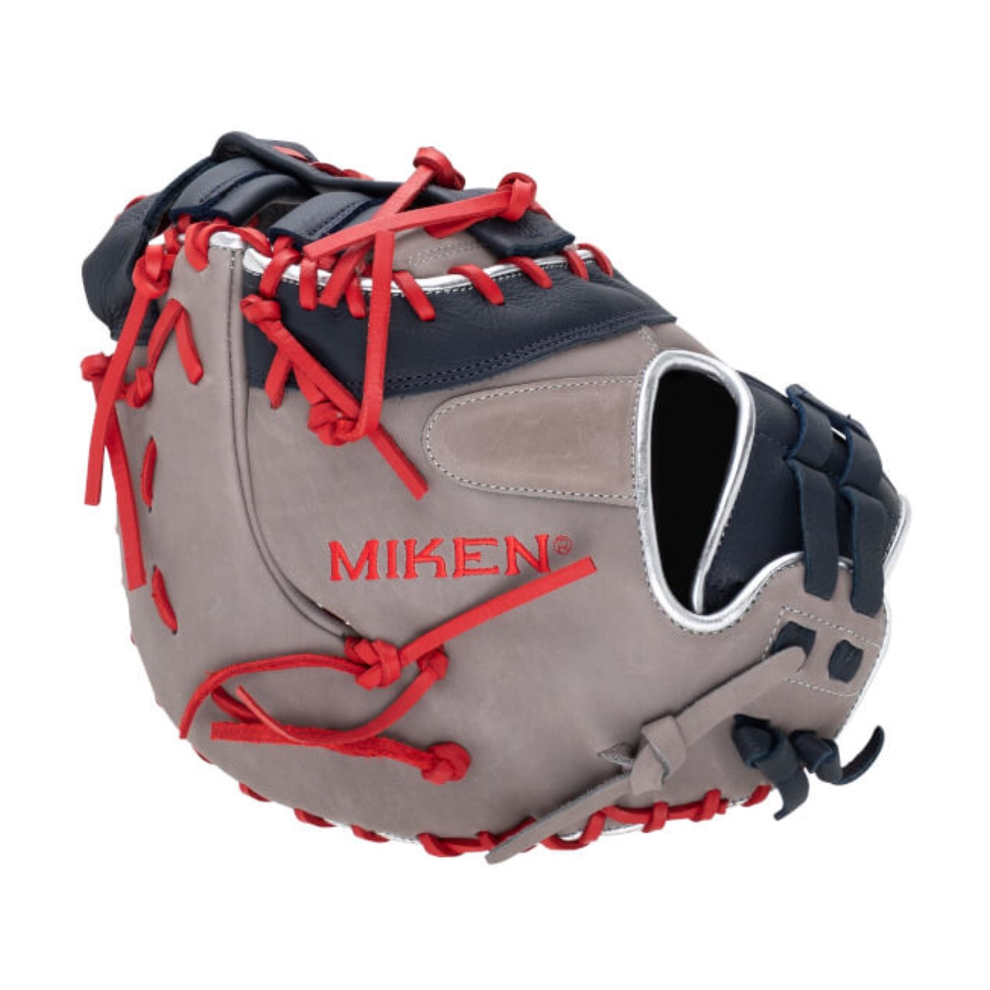 A photo of the Miken Players Series 13" Slo-Pitch First Base Mitt in colour brown and red.