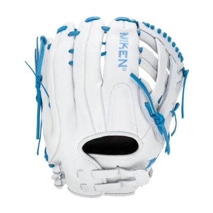 A photo of the Miken Pro Series 13" Slo-Pitch Glove in colour white and blue.