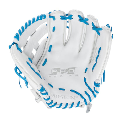 A photo of the Miken Pro Series 13" Slo-Pitch Glove in colour white and blue.