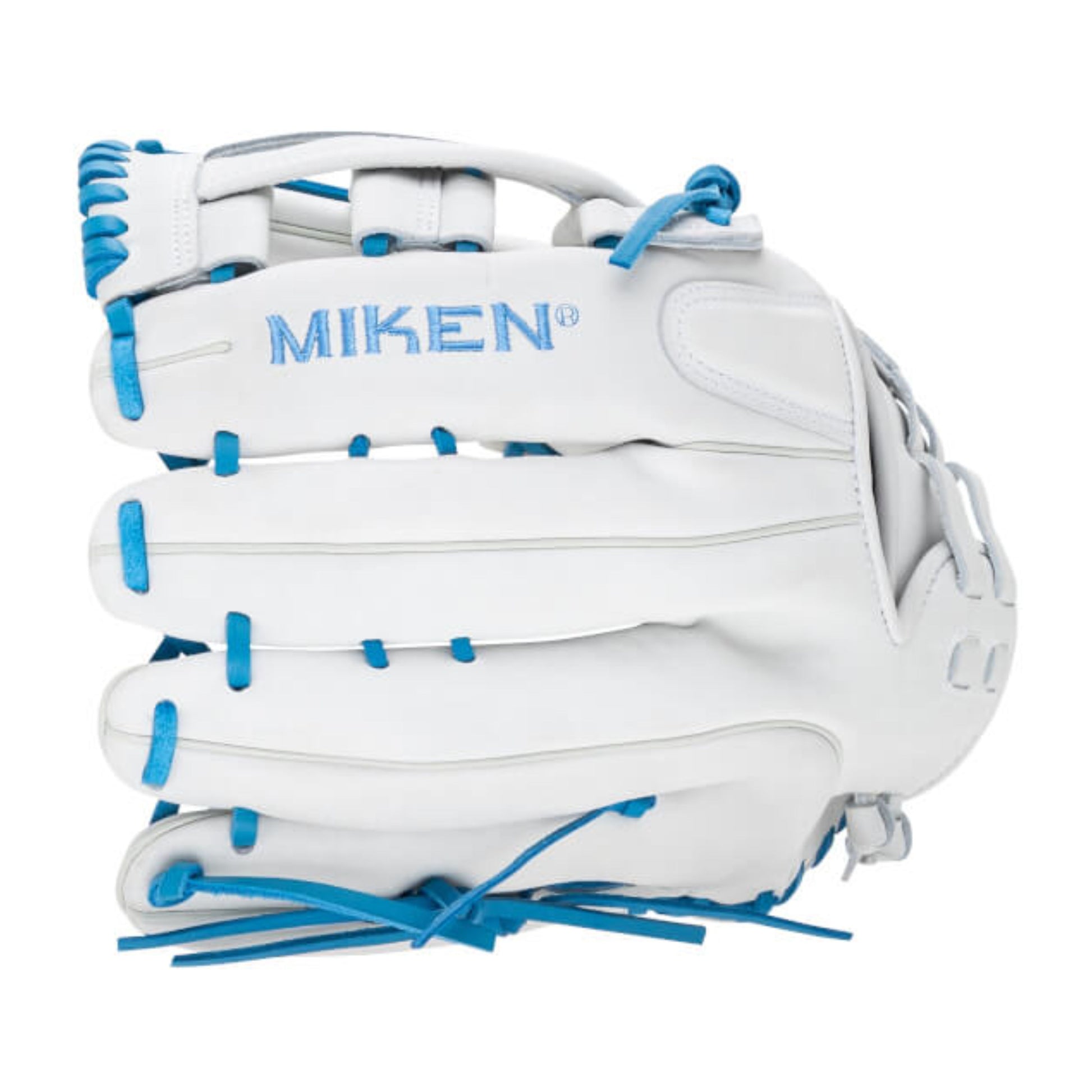 A photo of the Miken Pro Series 13" Slo-Pitch Glove in colour white and blue.