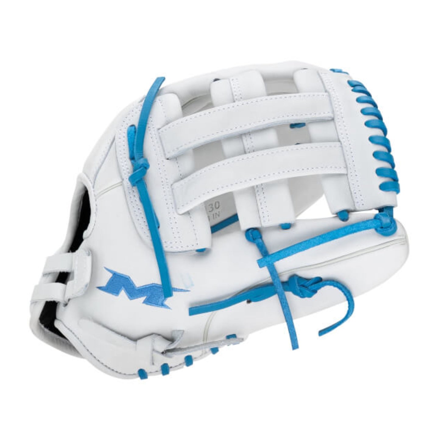 A photo of the Miken Pro Series 13" Slo-Pitch Glove in colour white and blue.