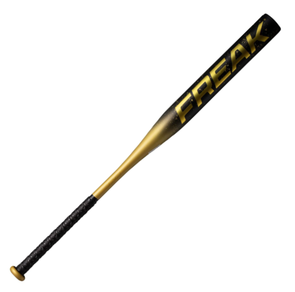 A photo of the Miken Freak Gold Edition 12.5" Slo-Pitch Softball Bat in colour black and gold.