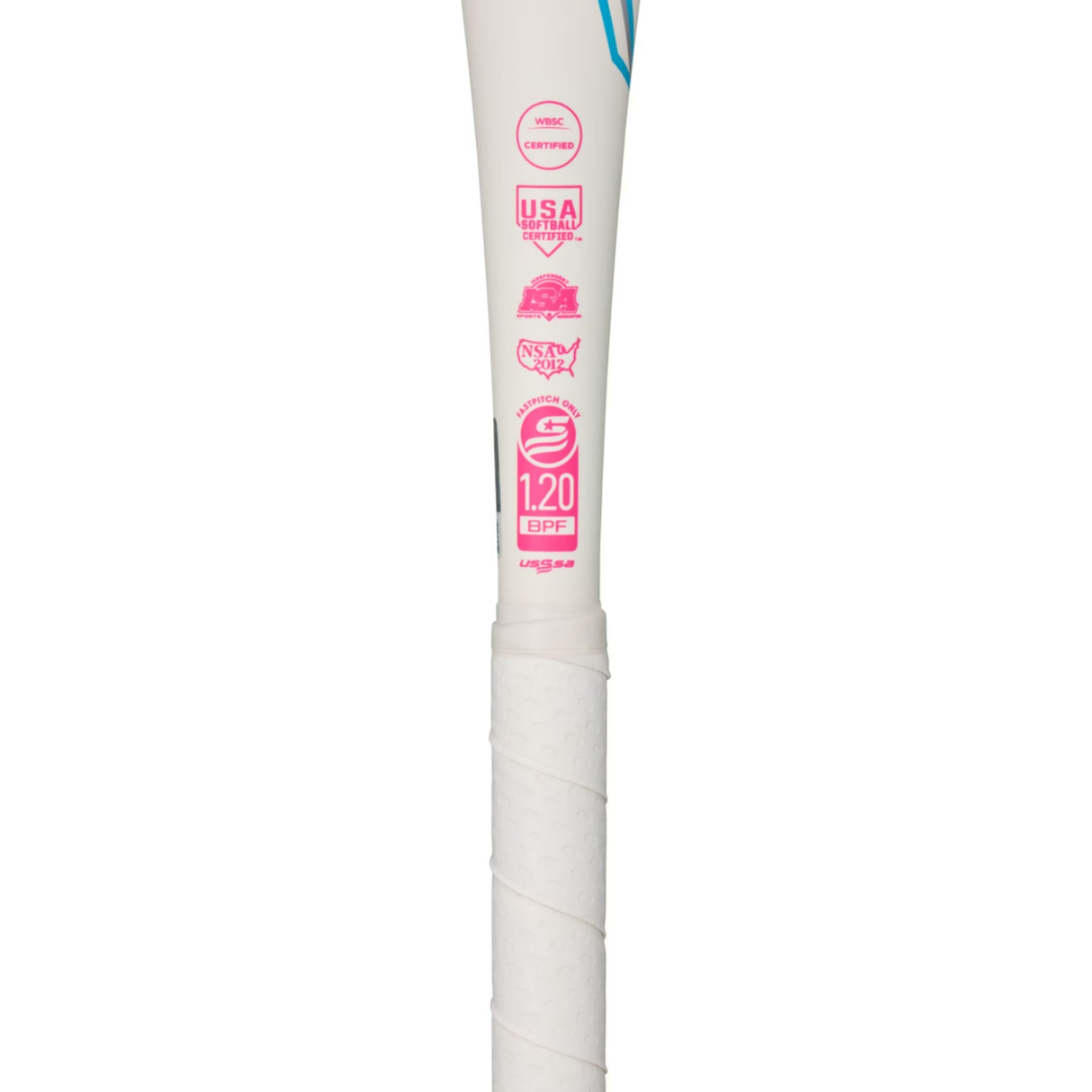 A photo of the Mizuno Finch 26 Fastpitch (-13) Baseball Bat in colour white, red and blue.