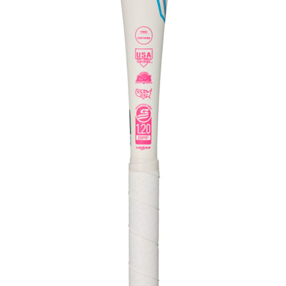A photo of the Mizuno Finch 26 Fastpitch (-13) Baseball Bat in colour white, red and blue.