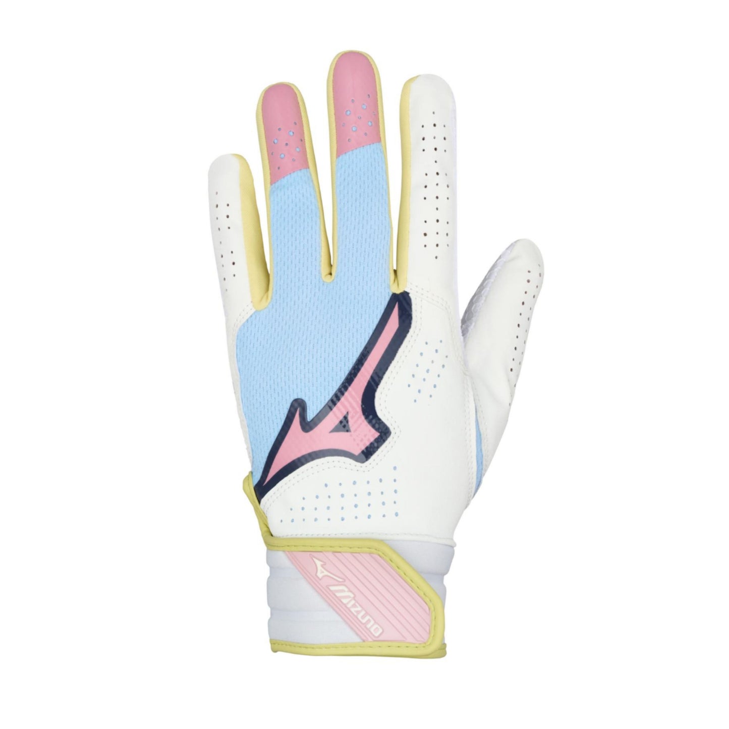 A photo of the Mizuno Finch Adult Softball Batting Glove in colour white, blue, pink.