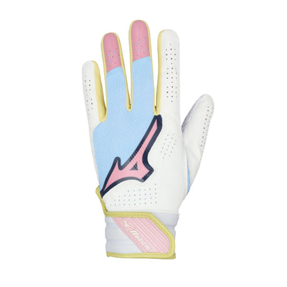 A photo of the Mizuno Finch Adult Softball Batting Glove in colour white, blue, pink.