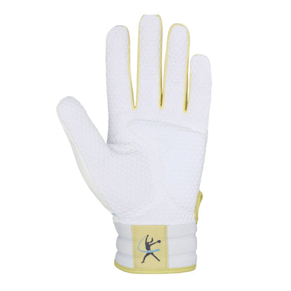 A photo of the Mizuno Finch Adult Softball Batting Glove in colour white, blue, pink.