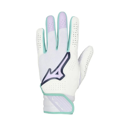 A photo of the Mizuno Finch Softball Youth Batting Gloves in colour white and lavendar purple.