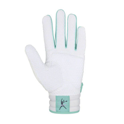 A photo of the Mizuno Finch Softball Youth Batting Gloves in colour white and lavendar purple.