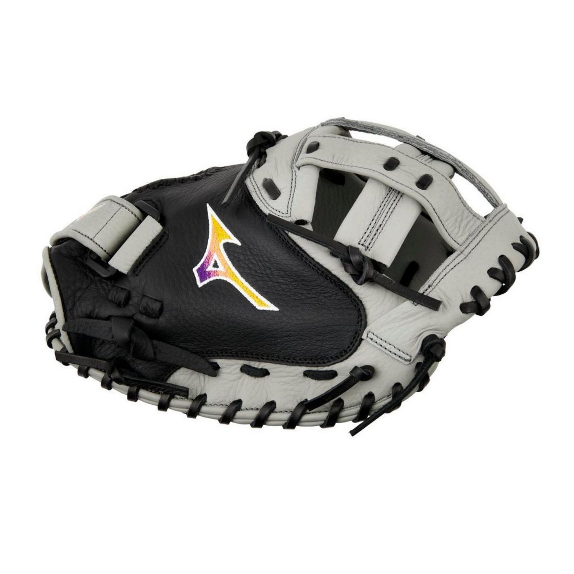 A photo of the Mizuno Franchise Series 34" Fastpitch Catchers Mitt in colour grey and black.