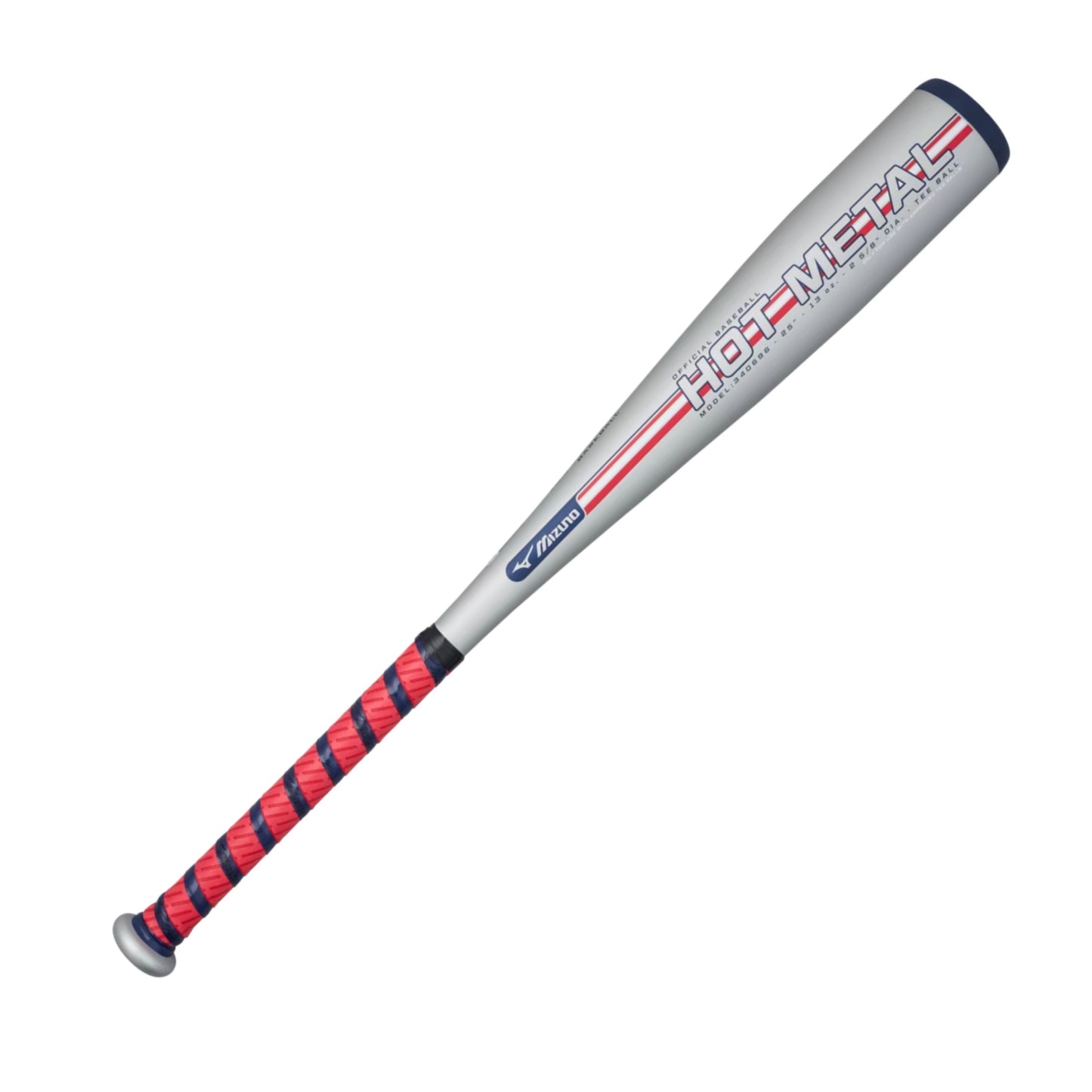 A photo of the Mizuno Hot Metal Big Barrel (-12) T-Ball Baseball Bat in colour grey, blue and red.