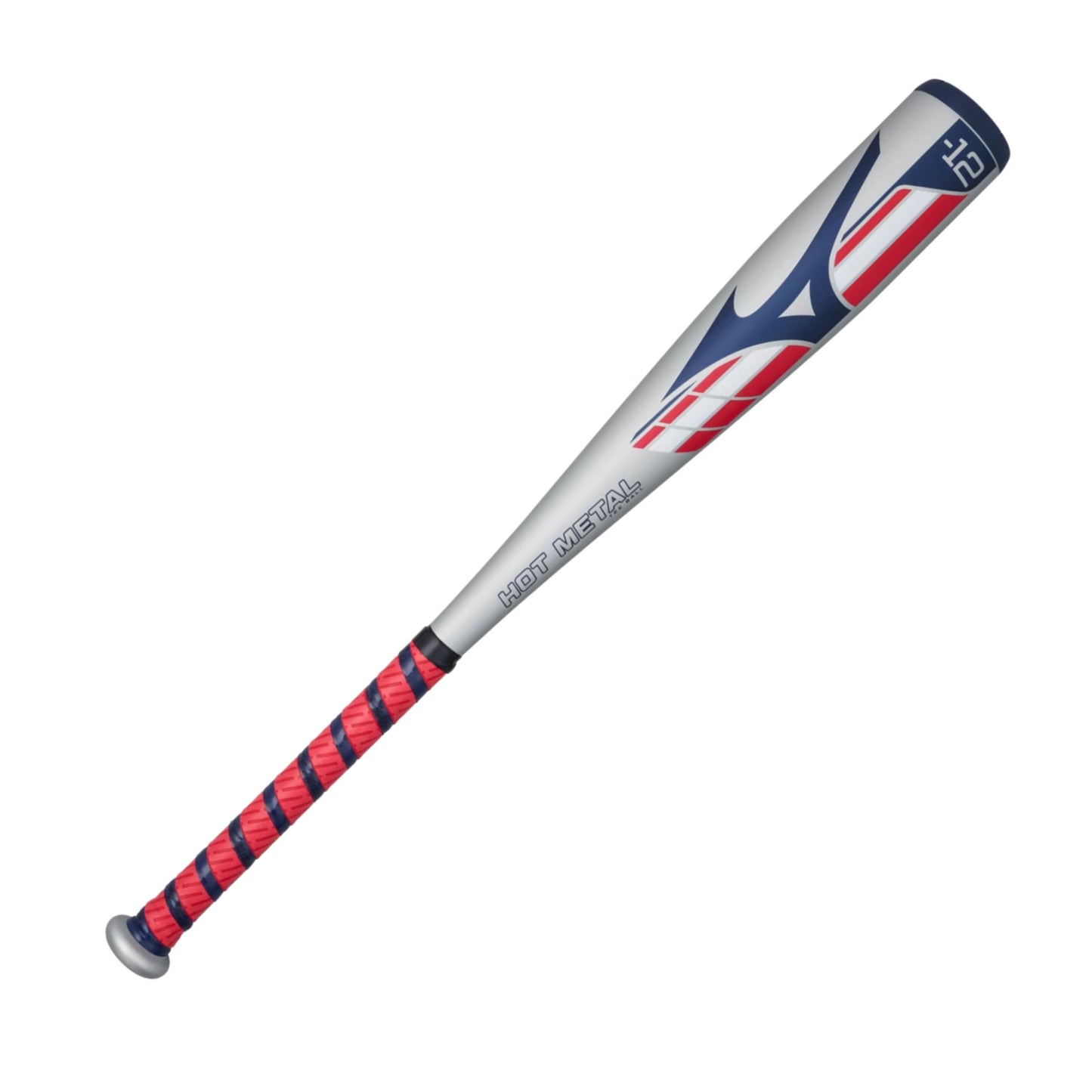 A photo of the Mizuno Hot Metal Big Barrel (-12) T-Ball Baseball Bat in colour grey, blue and red.