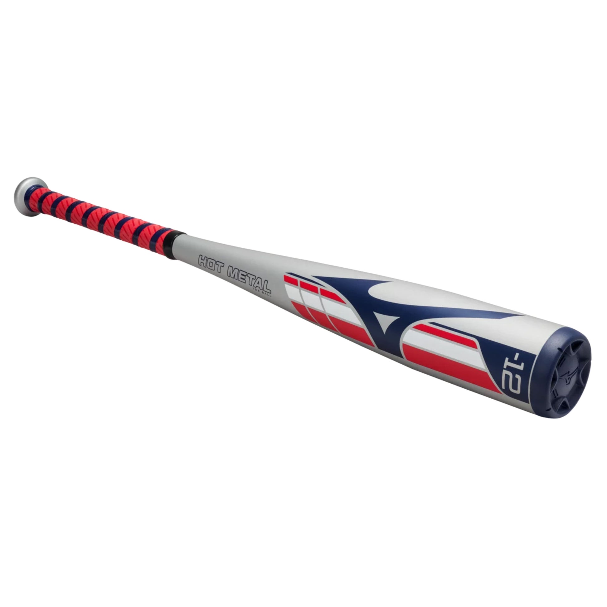 A photo of the Mizuno Hot Metal Big Barrel (-12) T-Ball Baseball Bat in colour grey, blue and red.