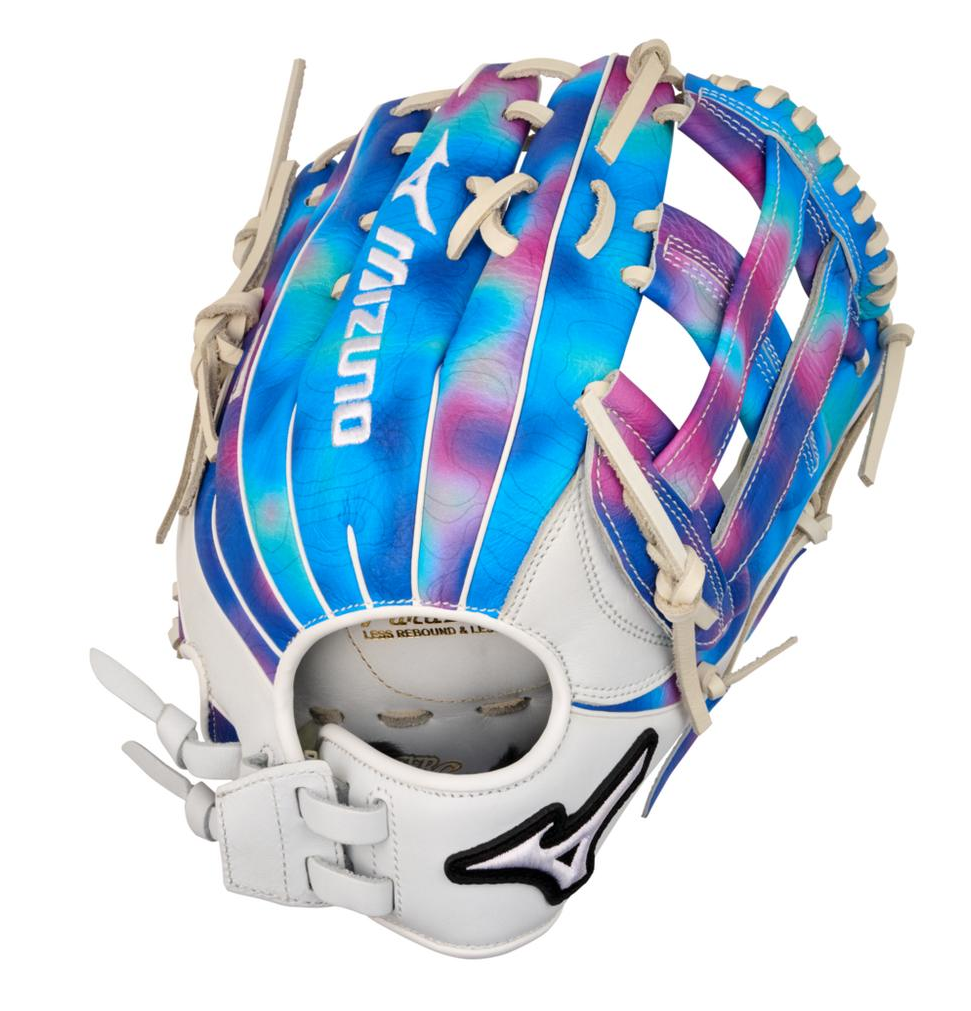 A photo of the Mizuno MVP Prime M-Print 12.5" Fielders Fastpitch Glove in colour white, blue and pink.