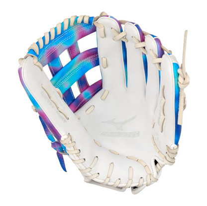 A photo of the Mizuno MVP Prime M-Print 12.5" Fielders Fastpitch Glove in colour white, blue and pink.