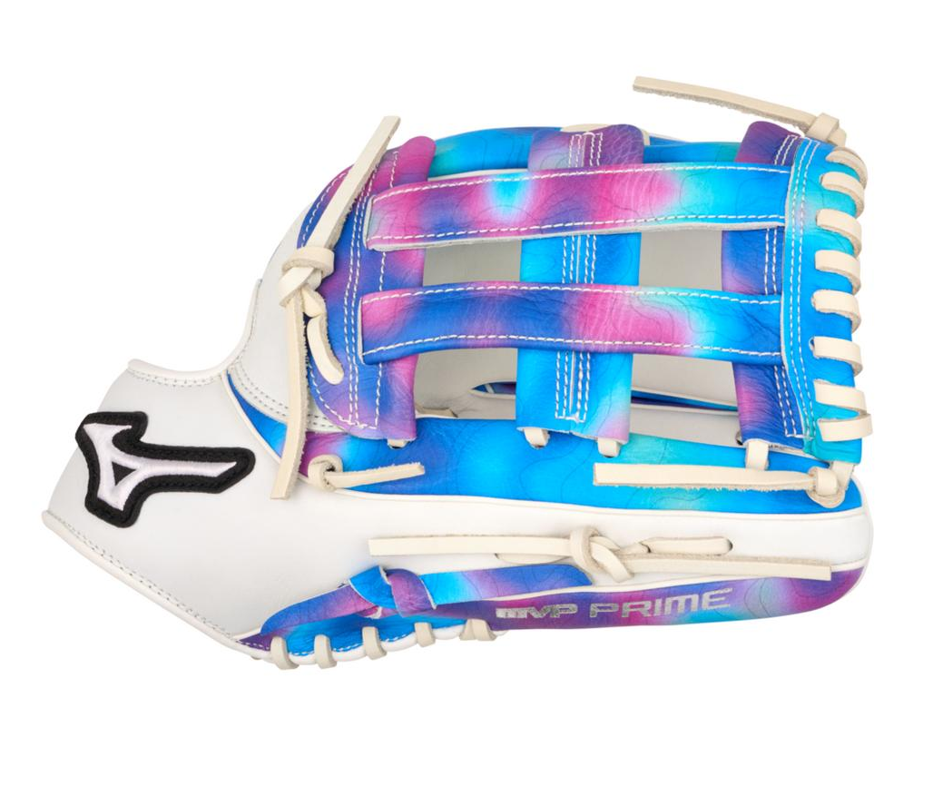 A photo of the Mizuno MVP Prime M-Print 12.5" Fielders Fastpitch Glove in colour white, blue and pink.