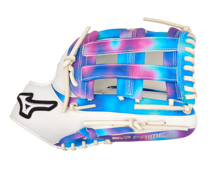 A photo of the Mizuno MVP Prime M-Print 12.5" Fielders Fastpitch Glove in colour white, blue and pink.
