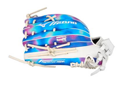 A photo of the Mizuno MVP Prime M-Print 12.5" Fielders Fastpitch Glove in colour white, blue and pink.