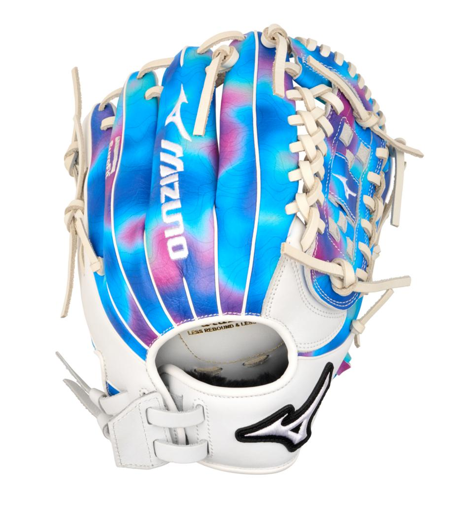 A photo of the Mizuno MVP Prime M-Print 12 Fielders Fastpitch Glove in colour white, blue and pink.