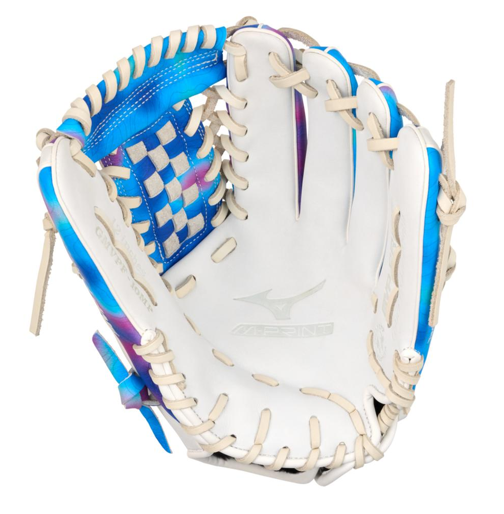 A photo of the Mizuno MVP Prime M-Print 12 Fielders Fastpitch Glove in colour white, blue and pink.