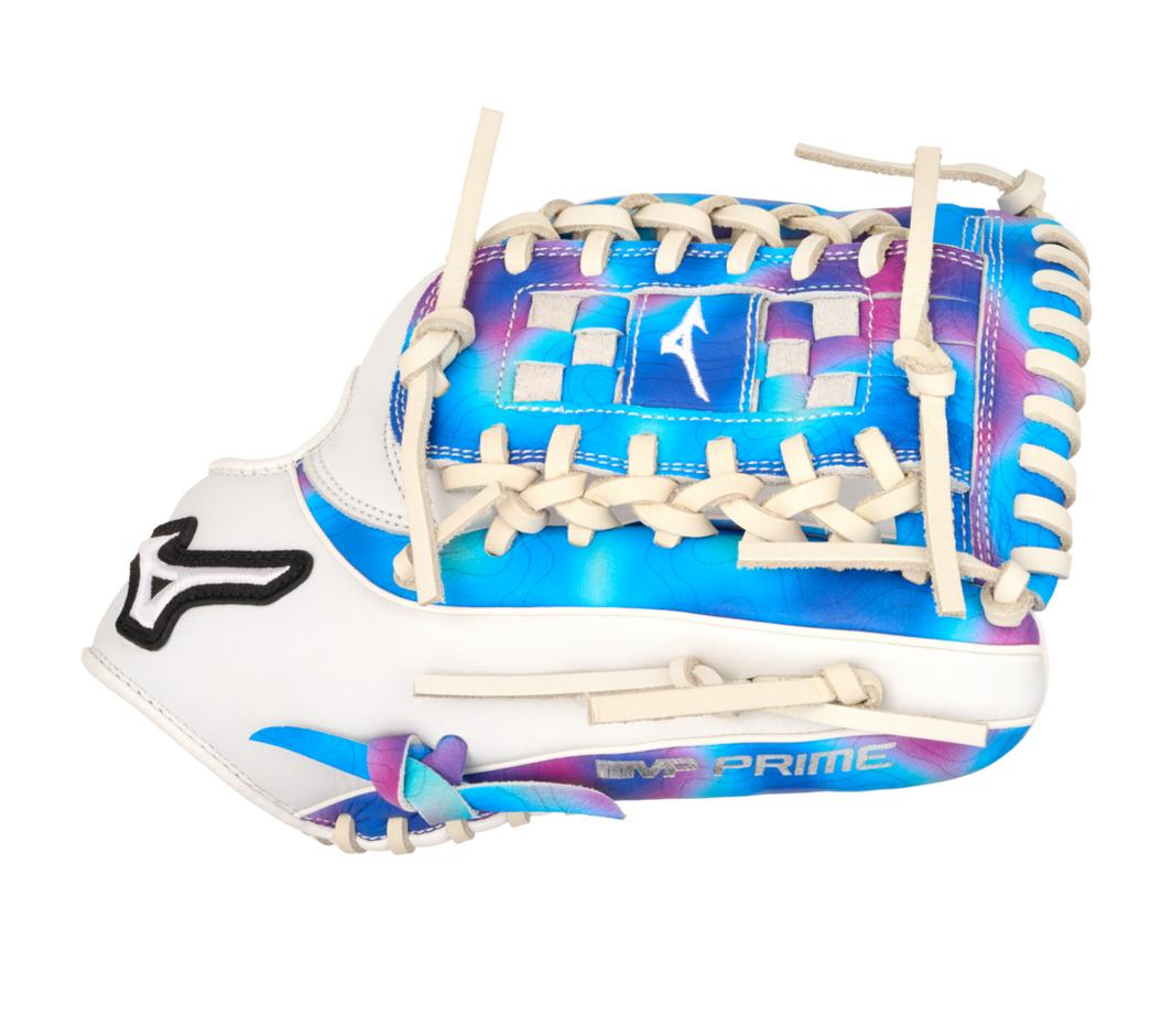 A photo of the Mizuno MVP Prime M-Print 12 Fielders Fastpitch Glove in colour white, blue and pink.