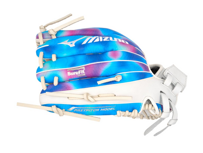 A photo of the Mizuno MVP Prime M-Print 12 Fielders Fastpitch Glove in colour white, blue and pink.