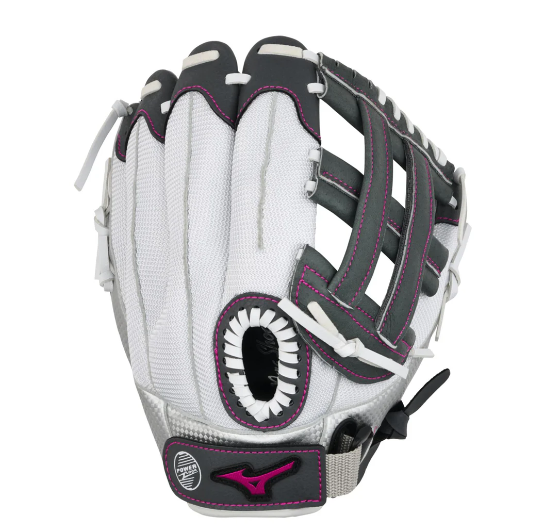 A photo of the Mizuno Prospect Finch Youth 11.5" Fastpitch Glove in colour white and black.