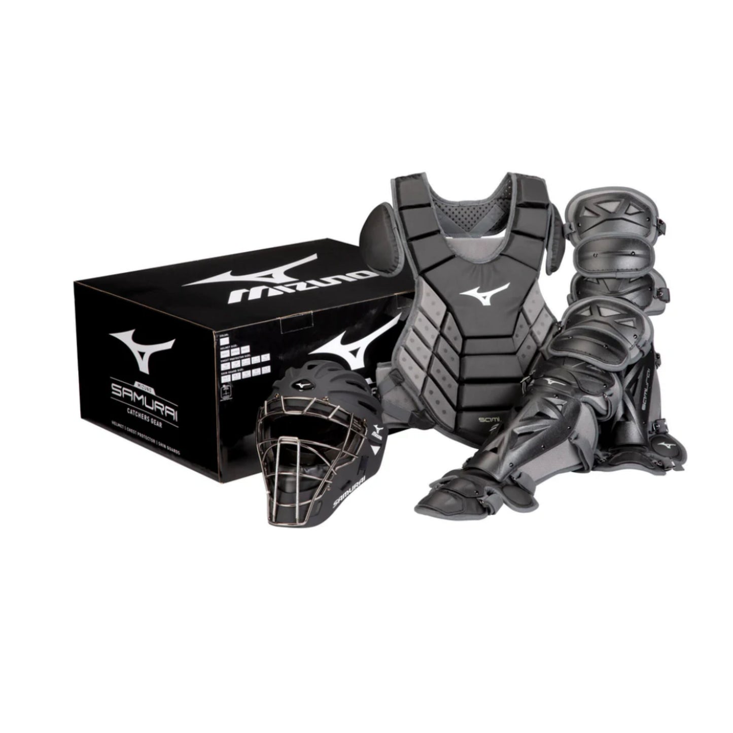 A photo of the Mizuno Samurai Adult Baseball Boxed Catcher's Gear Set in colour grey and black.