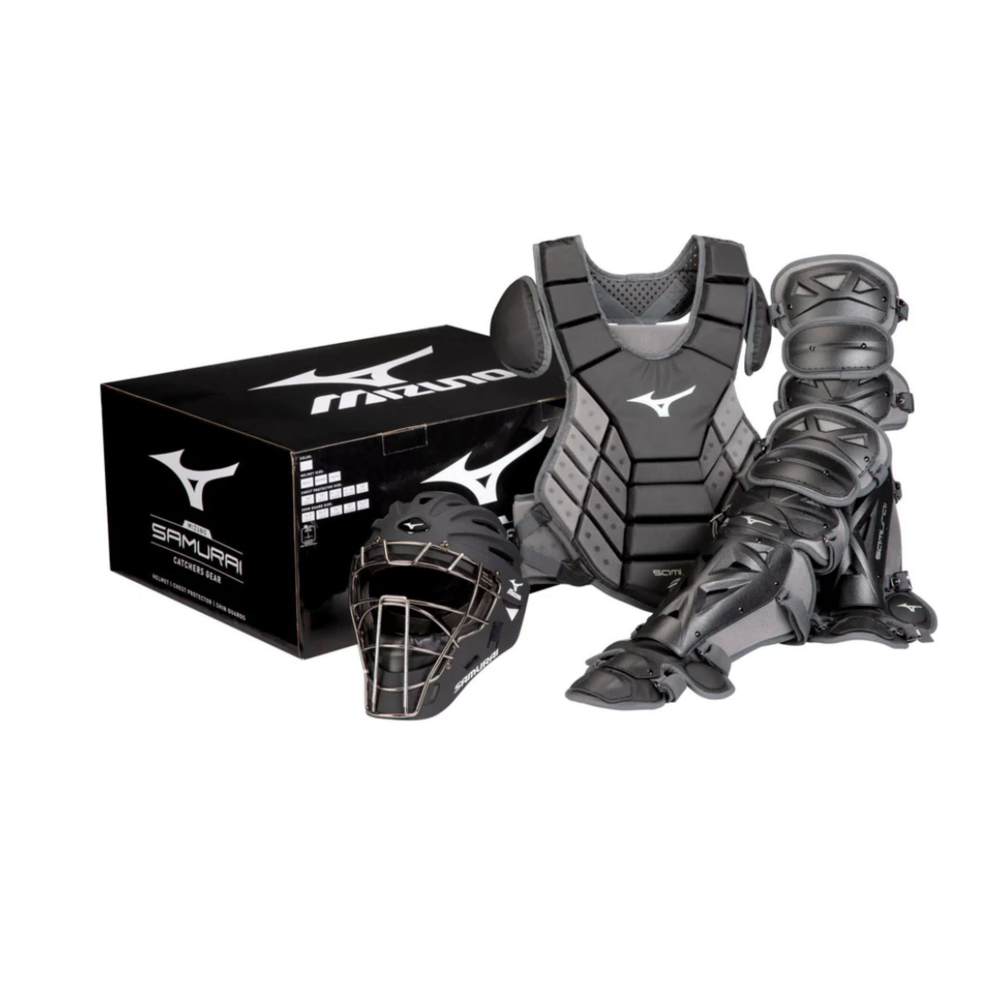 A photo of the Mizuno Samurai Adult Baseball Boxed Catcher's Gear Set in colour grey and black.