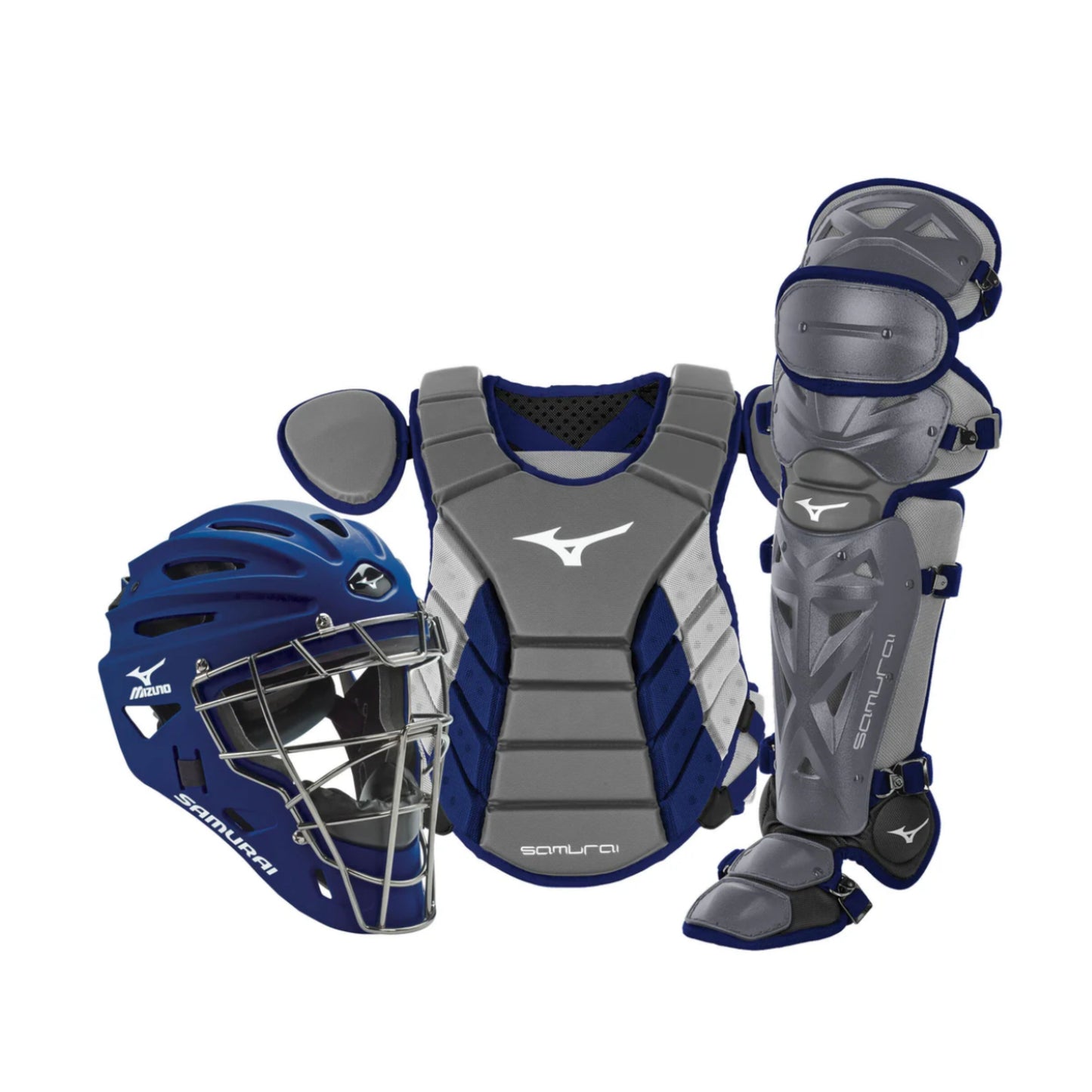 A photo of the Mizuno Samurai Adult Baseball Boxed Catcher's Gear Set in colour grey and navy.