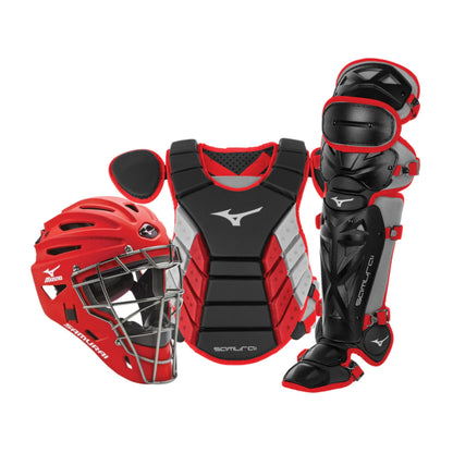 A photo of the Mizuno Samurai Adult Baseball Boxed Catcher's Gear Set in colour black and red.