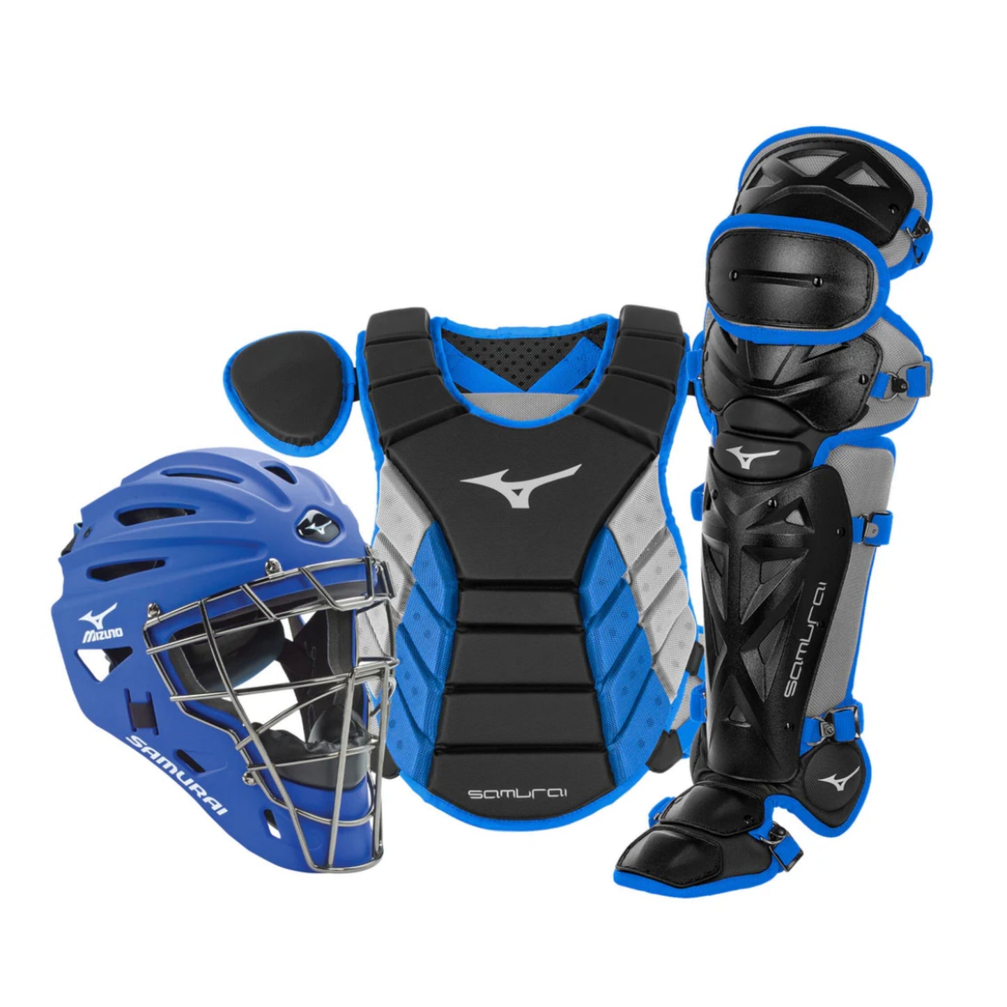 A photo of the Mizuno Samurai Adult Baseball Boxed Catcher's Gear Set in colour black and blue.