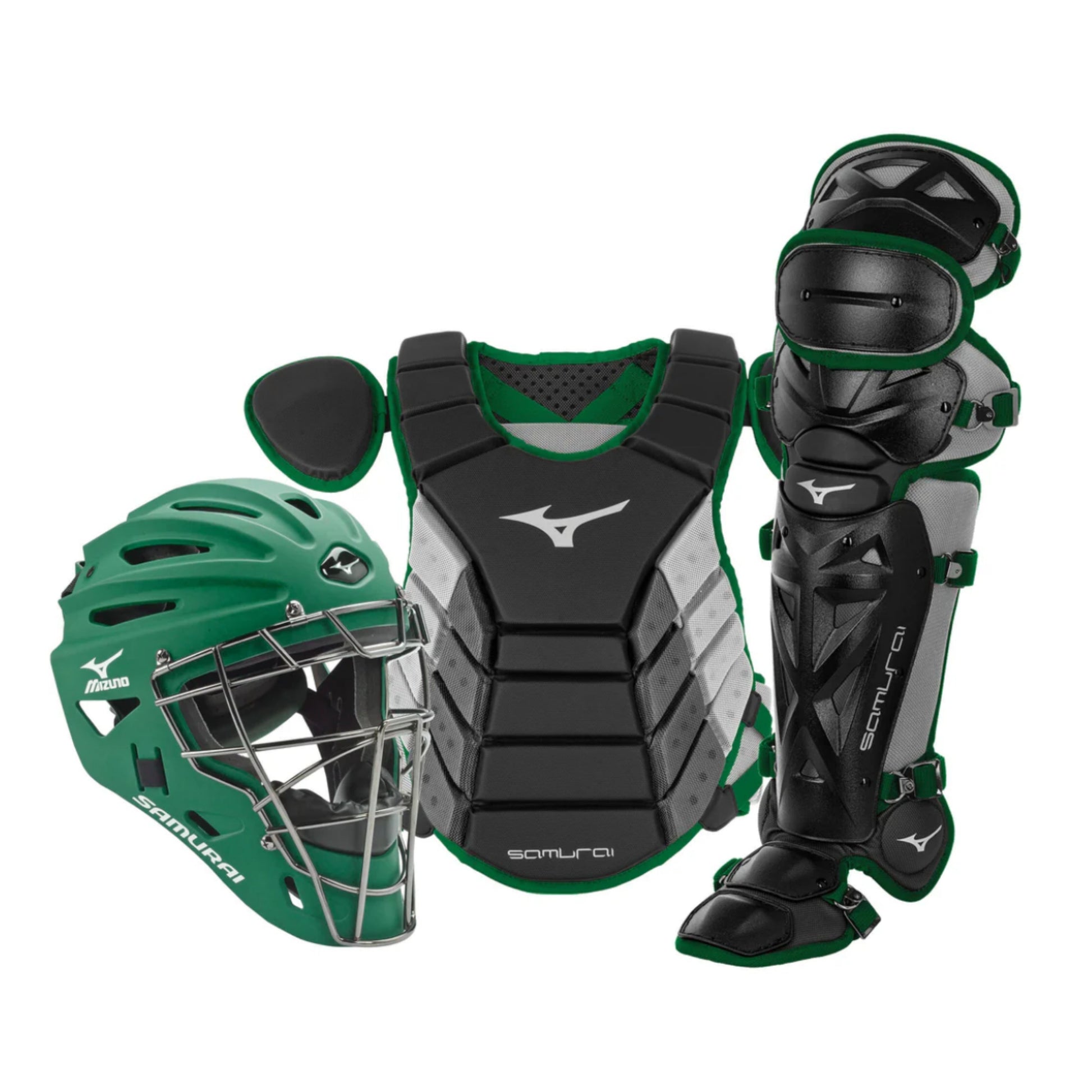 A photo of the Mizuno Samurai Adult Baseball Boxed Catcher's Gear Set in colour black and green.