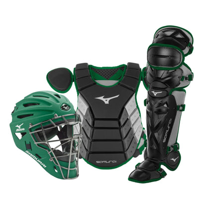 A photo of the Mizuno Samurai Adult Baseball Boxed Catcher's Gear Set in colour black and green.