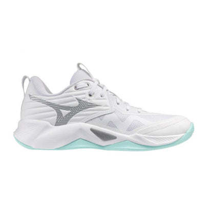 A white Mizuno Wave Momentum 4 Elite Women's Volleyball Shoes with a blue tint on the sole of the shoe.