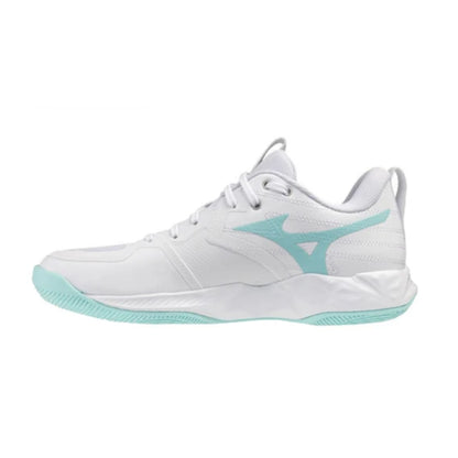 A white Mizuno Wave Momentum 4 Elite Women's Volleyball Shoes with a blue tint on the sole of the shoe.