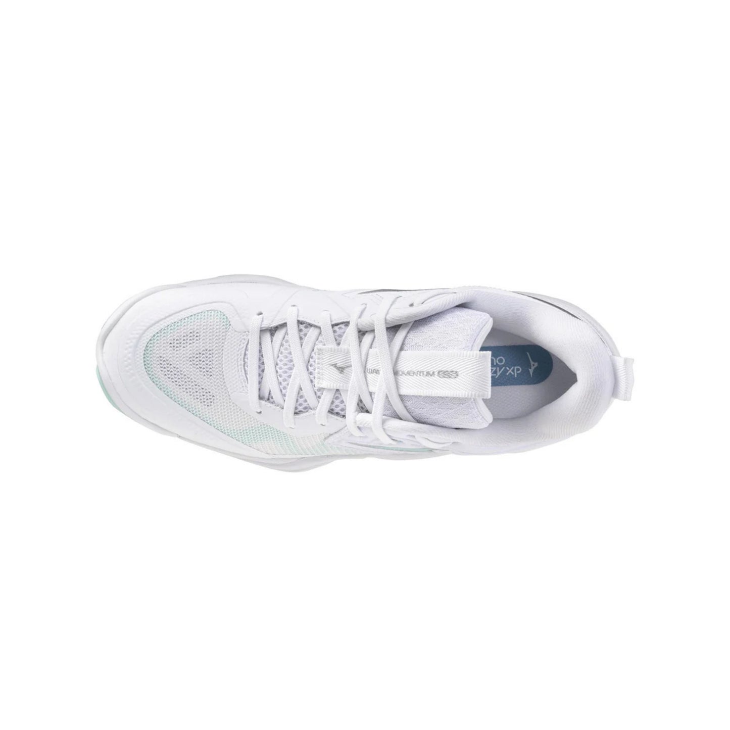A white Mizuno Wave Momentum 4 Elite Women's Volleyball Shoes with a blue tint on the sole of the shoe.