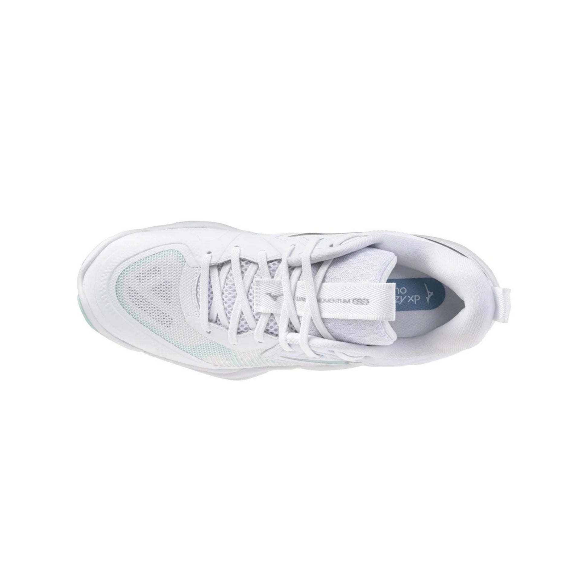 A white Mizuno Wave Momentum 4 Elite Women's Volleyball Shoes with a blue tint on the sole of the shoe.