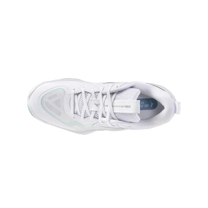 A white Mizuno Wave Momentum 4 Elite Women's Volleyball Shoes with a blue tint on the sole of the shoe.