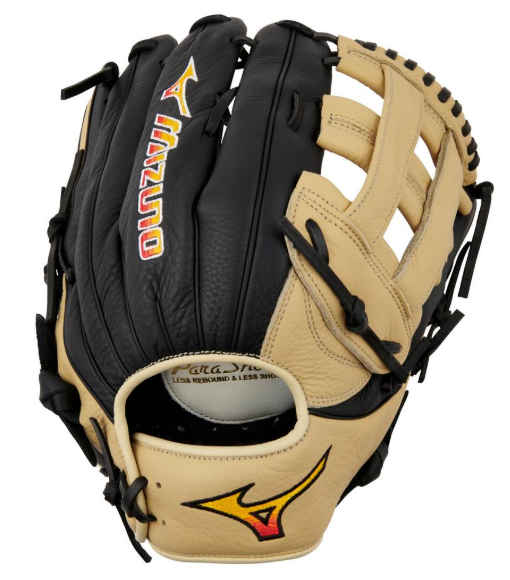A photo of the Mizuno Franchise BB, Utility Baseball Glove, 12.5". Back of the RHT glove in colours black and tan.