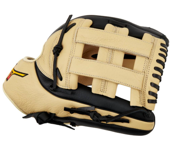 A photo of the Mizuno Franchise BB, Utility Baseball Glove, 12.5". Side of the RHT glove in colours black and tan.