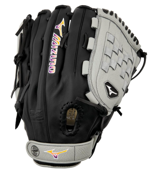 A photo of the Mizuno Franchise FP 13" Outfielder Fastpitch Glove. Back of the RHT in colours black and grey.
