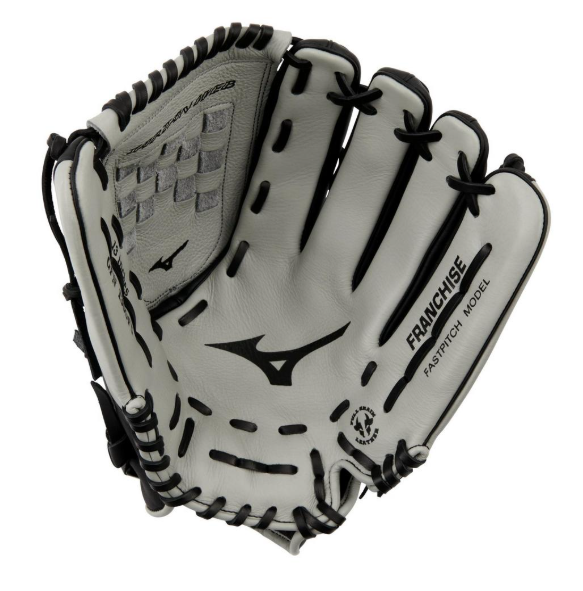 A photo of the Mizuno Franchise FP 13" Outfielder Fastpitch Glove. Palm of the RHT in colours black and grey.