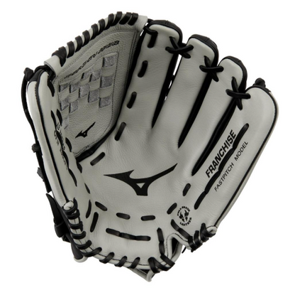 A photo of the Mizuno Franchise FP 13" Outfielder Fastpitch Glove. Palm of the RHT in colours black and grey.