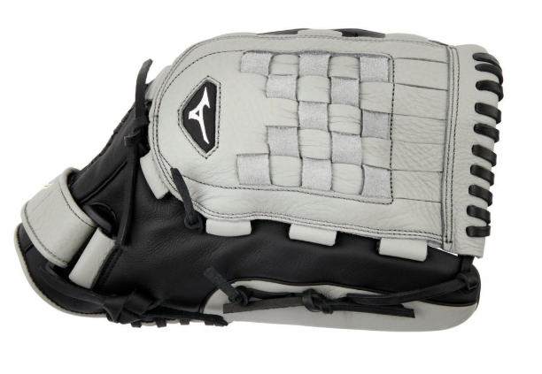 A photo of the Mizuno Franchise FP 13" Outfielder Fastpitch Glove. Side of the RHT in colours black and grey.