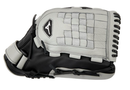 A photo of the Mizuno Franchise FP 13" Outfielder Fastpitch Glove. Side of the RHT in colours black and grey.