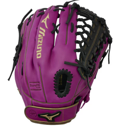 A photo of the Mizuno MVP Prime 12.5" Fielders Fastpitch Glove. Back of RHT glove in colour purple.