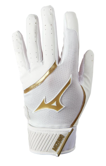 The Mizuno MVP Youth Baseball Batting Glove in colours white and gold.